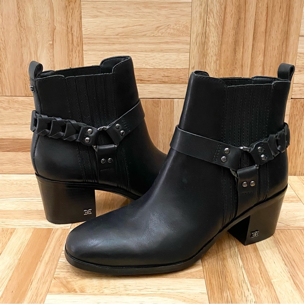 SAM EDELMAN “Dalma” Black Leather Harness Square Toe Stacked Heel Chelsea Boots